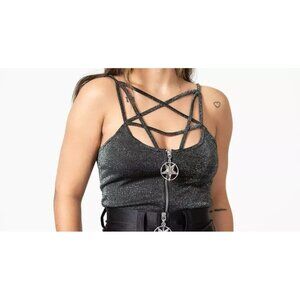 Killstar  Synth Soul Strappy Pentagram Zip Top Tank Glitter Gray NEW!!!